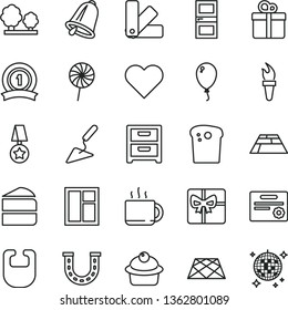 thin line vector icon set - bib vector, balloon, building trowel, window, color samples, interroom door, paving slab, pavement, bell, heart, nightstand, gift, Easter cake, muffin, piece of, lollipop