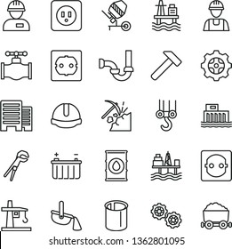 thin line vector icon set - builder vector, workman, winch hook, gears, concrete mixer, adjustable wrench, sewerage, power socket type b, f, buildings, construction helmet, hammer, sea port, valve
