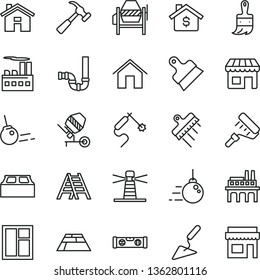 thin line vector icon set - house vector, big core, building trowel, concrete mixer, window, paint roller, wooden brush, ladder, siphon, level, block, putty knife, spatula, paving slab, home, kiosk