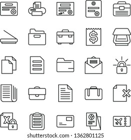 thin line vector icon set - clean paper vector, scribbled, folder, portfolio, suitcase, received letter, pass card, delete page, financial item, statistical research, newspaper, encrypting, printer