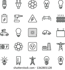 thin line vector icon set - danger of electricity vector, cordless drill, bulb, power socket type b, electronic boiler, charging battery, accumulator, light, line, pole, electric plug, thermal plant