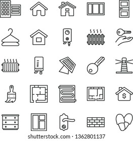 thin line vector icon set - house vector, chest of drawers, dwelling, brickwork, window, frame, wooden paint brush, laying out, lay flat, key, door knob, interroom, city block, heating coil, boiler