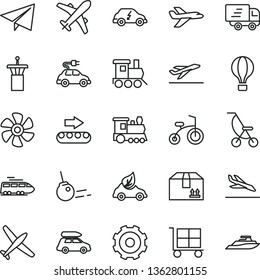 thin line vector icon set - truck lorry vector, cargo trolley, paper airplane, summer stroller, baby toy train, child bicycle, core, cardboard box, marine propeller, production conveyor, eco car