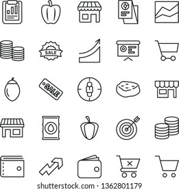 thin line vector icon set - purse vector, growth up, line chart, crossed cart, kiosk, coins, piece of meat, tamarillo, Bell pepper, ripe, oil, stall, goal woman, statistical report, wallet, research