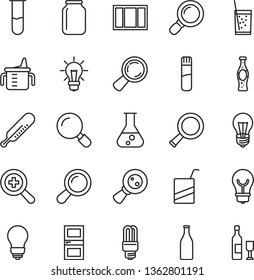 thin line vector icon set - zoom vector, measuring cup for feeding, mercury thermometer, e, window frame, bulb, interroom door, magnifier, a glass of soda, bottle, light, jar, magnifying, flask