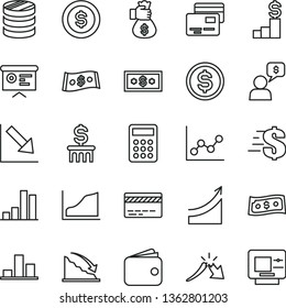 thin line vector icon set - bank card vector, dollar, graph, negative chart, cards, column of coins, bar, recession, a crisis, wallet, calculator, financial report, growth, money bag hand, coin, atm