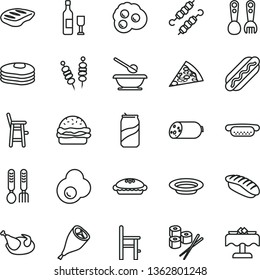 thin line vector icon set - plates and spoons vector, a chair for feeding, child, plastic fork, iron, sausage, fried vegetables on sticks, piece of pizza, Hot Dog, mini, burger, pie, plate, chicken
