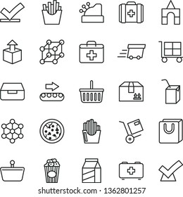 thin line vector icon set - cargo trolley vector, grocery basket, first aid kit, bag of a paramedic, medical, packing juice with straw, box bricks, drawer, handles, cardboard, package, shipment