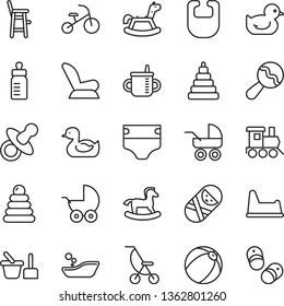 thin line vector icon set - dummy vector, mug for feeding, bottle, diaper, bib, beanbag, car child seat, baby stroller, carriage, summer, rubber duck, duckling, bath ball, children's bathroom, toy