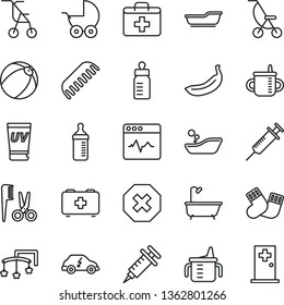 thin line vector icon set - mark of injury vector, first aid kit, toys over the cot, mug for feeding, measuring cup, bottle, baby stroller, summer, sitting, bath ball, children's bathroom, comb