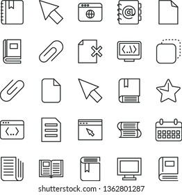 thin line vector icon set - monitor window vector, clip, clean sheet of paper, book, e, books, star, notebook, address, delete page, copy, calendar, newspaper, browser, coding, cursor, file