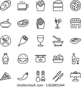 thin line vector icon set - plates and spoons vector, plastic fork, coffee, pizza, piece of, big burger, cake, a bowl rice porridge, lettuce in plate, grill chicken leg, bacon, chop, barbecue, sushi