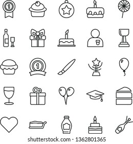 thin line vector icon set - tassel vector, colored air balloons, balloon, cake, heart, gift, muffin, piece of, slice, torte, birthday, lollipop, glass, bottle, gold cup, star, man with medal, ribbon