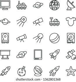 thin line vector icon set - monitor vector, t short, bath ball, artificial satellite, planet, billboard, rocket, space, tablet pc, hdd, telescope, antenna, saturn, lunar rover, flag on moon, first