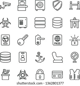 thin line vector icon set - prohibition vector, Baby chair, key, door knob, lock, anchor, passport, big data, strongbox, reverse side of a bank card, encrypting, biohazard, rope barrier, access