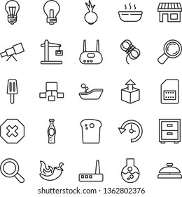 thin line vector icon set - incandescent lamp vector, mark of injury, magnifier, bedside table, children's bathroom, hawser, unpacking, Easter cake, hot porridge, chili, beet, bottle soda, popsicle