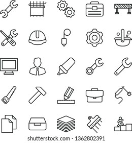 thin line vector icon set - monitor window vector, clean paper, cogwheel, small tools, arm saw, portfolio, drawing, construction helmet, plummet, spatula, road fence, hammer, employee, pile, drawer
