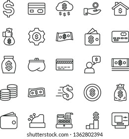 thin line vector icon set - bank card vector, dollar, coins, reverse side of a, front the, denomination, catch coin, wallet, purse, money, dollars, cash, machine, cashbox, bag hand, rain, mortgage