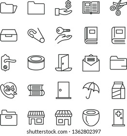 thin line vector icon set - folder vector, open pin, books, door knob, ntrance, received letter, book, umbrella, drawer, 24, package, canned goods, half of coconut, kiosk, stall, get a wage, exit