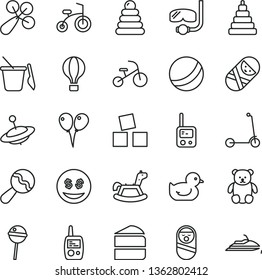 thin line vector icon set - beanbag vector, baby rattle, duckling, bath ball, stacking rings, toy, roly poly doll, tumbler, phone, mobile, children's sand set, small teddy bear, yule, rocking horse