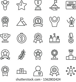 thin line vector icon set - star vector, pedestal, medal, winner, laurel branch, podium, prize, award, cup, man with, motivation, mountain flag, first place, pennant, ribbon, certificate, hands up