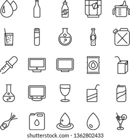 thin line vector icon set - measuring cup for feeding vector, e, packing of juice with a straw, drop, screen, glass soda, tea, can, bottle, liquor, round flask, oil, canister, monitor, test tube