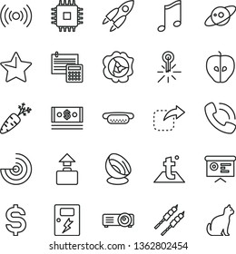 thin line vector icon set - calculation vector, dangers, temperature, star, music, move right, mini hot dog, barbecue, squash, tasty apple, carrot, mercury thermometer, denomination of the dollar