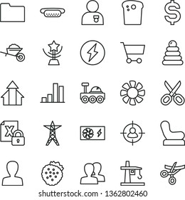 Thin Line Vector Icon Set - Scissors Vector, Woman, Women, Baby Chair, Stacking Rings, Garden Trolley, Easter Cake, Mini Hot Dog, Strawberries, Power Line, Tower Crane, Cart, Man In Sight, Bar Chart