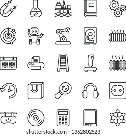 thin line vector icon set - stepladder vector, power socket type f, CD, bag with handles, commercial seaport, flask, magnet, assembly robot, cast iron radiator, aluminum, magnifying glass, gears