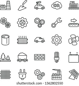 thin line vector icon set - brickwork vector, cogwheel, trowel, fan screw, accumulator, hydroelectric station, plug, forest, industrial building, thermal power plant, gear, gears, weaving, retro