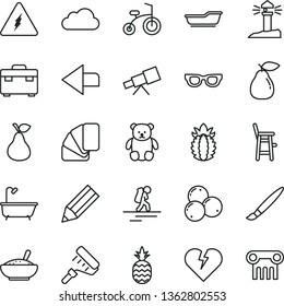 thin line vector icon set - tassel vector, left direction, bath, a chair for feeding child, small teddy bear, bicycle, paint roller, sample of colour, suitcase, broken heart, bowl rice porridge