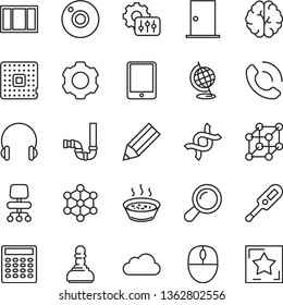 thin line vector icon set - camera vector, electronic thermometer e, window frame, siphon, ntrance door, headphones, phone call, porridge in a saucepan, processor, pencil, tablet pc, mouse, chair