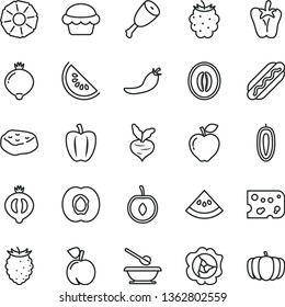thin line vector icon set - plates and spoons vector, piece of cheese, Hot Dog, cake, chicken thigh, meat, peper, peach, half apricot, squash, red apple, medlar, blackberry, tasty raspberry, cherry