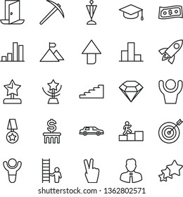 thin line vector icon set - upward direction vector, bar chart, employee, square academic hat, winner, star cup, reward, carrer stairway, mountain flag, pennant, target, medal, man with ladder