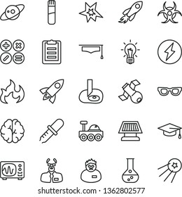 thin line vector icon set - math actions vector, flask, space rocket, test tube, glasses, bulb, brain, satellite, biohazard, pipette, oscilloscope, flame, scientist, graduate hat, clipboard, saturn