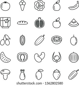 thin line vector icon set - loaf vector, mushroom, cucumber, a glass of tea, cone, half pomegranate, squash, apricot, raspberry, rose hip, cornels, water melon, slice tangerine, passion fruit, lemon