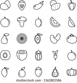 thin line vector icon set - eggs vector, mushroom, tomato, garlic, strawberry, orange slice, half apricot, pear, raspberry, mango, of, tangerine, tasty plum, passion fruit, guava, coconut, part