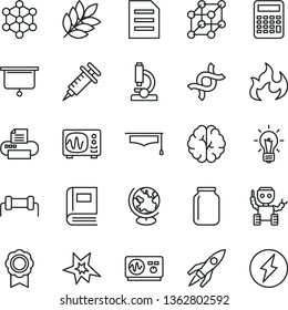 thin line vector icon set - jar vector, printer, file, microscope, dna, bulb, brain, book, globe, oscilloscope, flame, graduate hat, calculator, medal, robot, rocket, biology, syringe, 3d cube, bang
