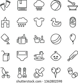 thin line vector icon set - dummy vector, measuring cup for feeding, diaper, baby powder, t short, summer stroller, mercury thermometer, rubber duck, bath ball, cloud, rainy, roly poly doll, balloon