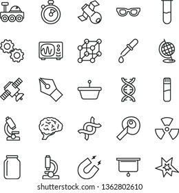 thin line vector icon set - jar vector, pan, test tube, microscope, glasses, nuclear, dna, brain, gears, satellite, pipette, globe, oscilloscope, magnet, artifical insimination, lunar rover, 3d cube