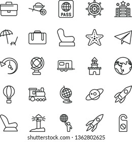 thin line vector icon set - briefcase vector, paper airplane, Baby chair, car child seat, garden trolley, globe, passport, coastal lighthouse, rocket, history, saturn, man hold world, sand castle