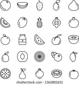thin line vector icon set - jar of jam vector, blueberries, a pineapple, pear, orange slice, ripe peach, pomegranate, fig, medlar, half, mulberry, water melon, mango, kiwi, passion fruit, sour lime