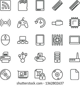 thin line vector icon set - rss feed vector, CD, smd, scheme, tablet pc, notebook, radiator fan, encrypting, mouse, tower, memory, card, usb, router, printer, lan connector, wireless, joystick, sd
