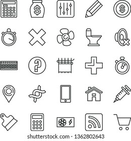 thin line vector icon set - house vector, plus, cross, silent mode, rss feed, question, comfortable toilet, putty knife, smartphone, regulator, fan screw, cloth industry, location, pencil, money