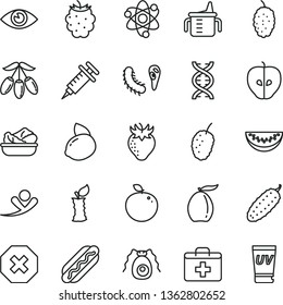 thin line vector icon set - mark of injury vector, first aid kit, measuring cup for feeding, eye, Hot Dog, lettuce in a plate, cucumber, tasty apple, strawberry, blackberry, mulberry, loquat, stub