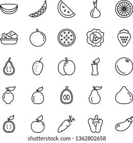 thin line vector icon set - lettuce in a plate vector, peper, carrot, strawberry, orange slice, apple, squash, quince, apricot, fig, tasty mulberry, tangerine, half loquat, of passion fruit, guava