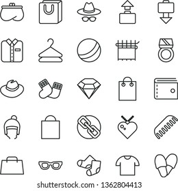thin line vector icon set - paper bag vector, purse, spectacles, hat, with glasses, bath ball, comb, warm socks, Knitted, winter, handles, T shirt, folded, hanger, cloth industry, hand, diamond
