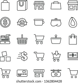 thin line vector icon set - paper bag vector, grocery basket, dollar, children's potty, cubes for children, cart, put in, crossed, with handles, kiosk, stick of sausage, stall, shopping, purse, cash