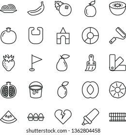 thin line vector icon set - pennant vector, bib, box of bricks, paint bucket, new roller, color samples, plastic brush, broken heart, bundle eggs, onion, blueberries, pomegranate, half, pear, peach