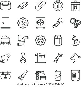 thin line vector icon set - crane vector, tower, adjustable wrench, hand saw, ntrance door, gear, anchor, strongbox, clip, canned goods, soda can, water pipes, gas welding, steel repair key, ink pen